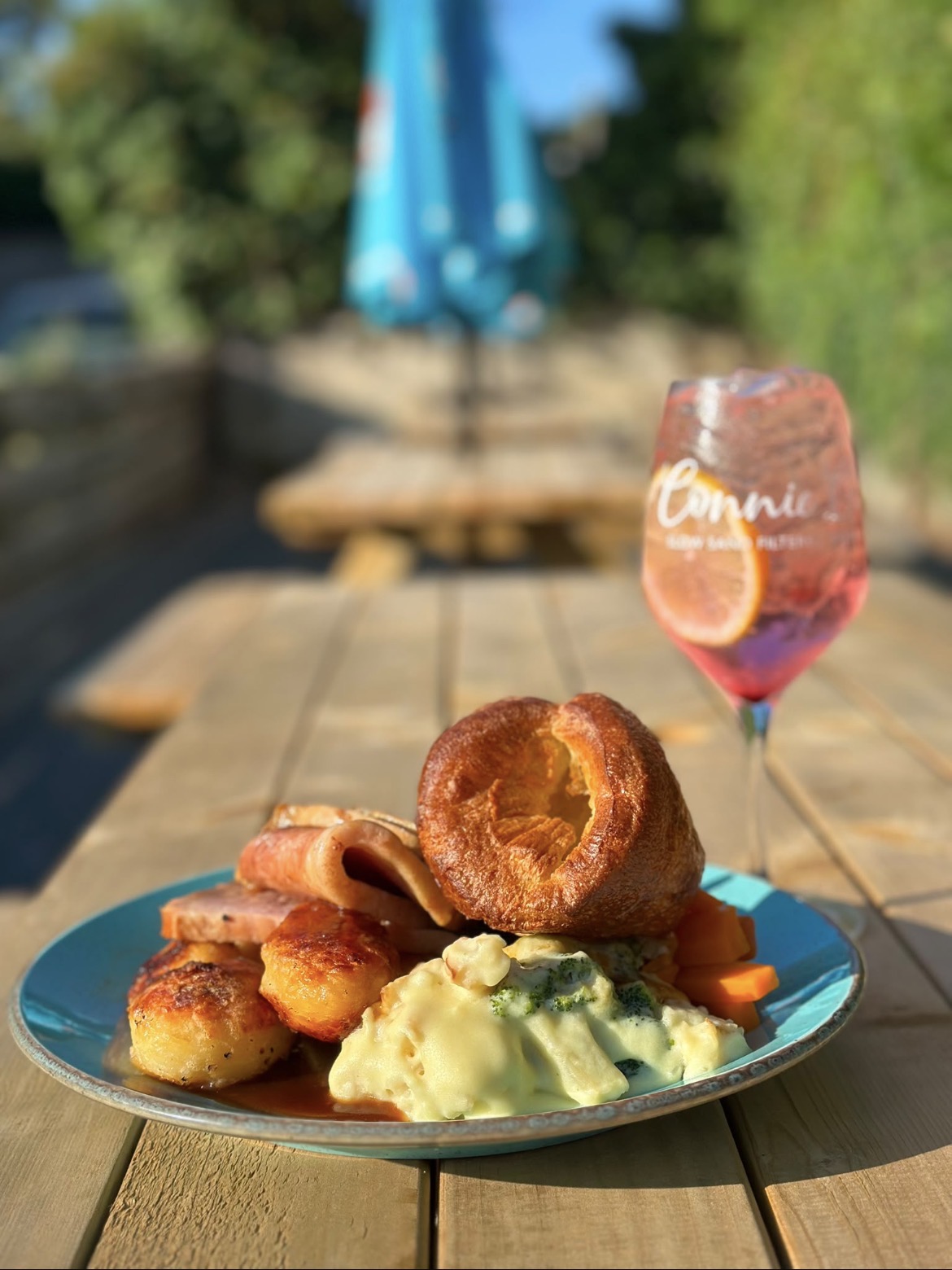 A Sunday carvery roast dinner with a Connie’s Gin cocktail in the beer garden